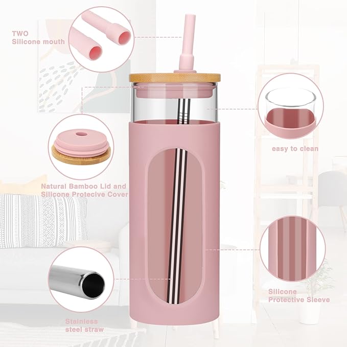 Tronco 22oz Glass Tumbler with Bamboo Lid and Straw, Reusable Iced Coffee Cup for Boba Tea, Smoothies & Cold Drinks, Spill-Proof Glass Cup with Silicone Sleeve, Dishwasher Safe, BPA-Free (Pack of 1)