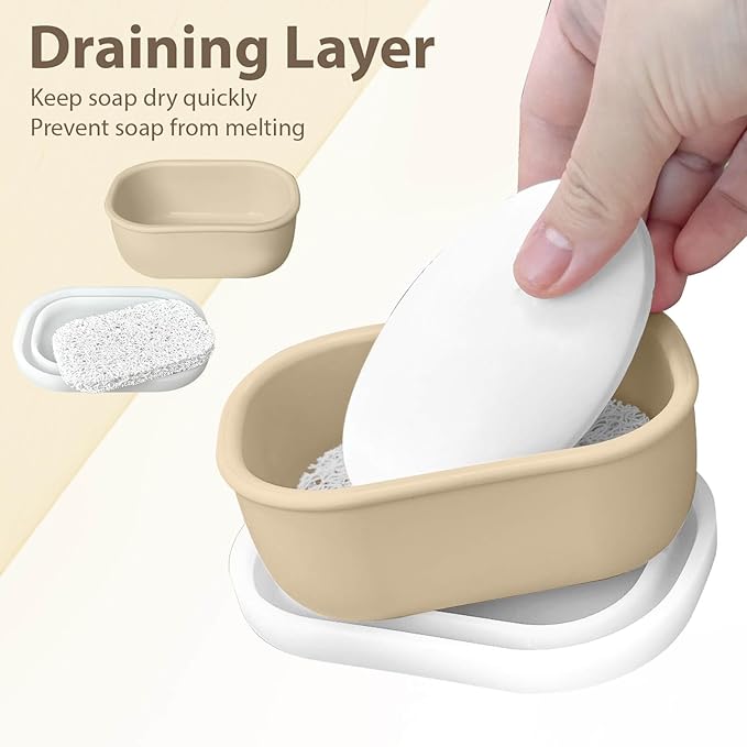 Leakproof Silicone Travel Soap Case with Drainage Layer, Silicone Bar Soap Holder Compact Portable Shatterproof Soap Container Box for Bathroom Gym Camp Travel Toiletries (Sand, Clear Lid)