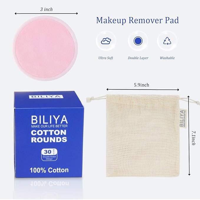 Bamboo Fiber Makeup Remover Pads,Gentle for Sensitive Skin,30 Pack,Reusable,Eco-Friendly,Zero Waste, Quick Makeup Removal, Travel Essential
