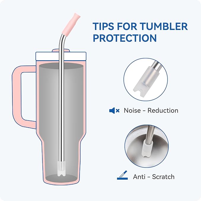 Reusable Stainless Steel Straws with Silicone Tip for Stanley 40oz, Metal Drinking Straws for 40oz Tumbler,3 Bent Tubes & 6 Tips& 1 Cleanr Brush (White)