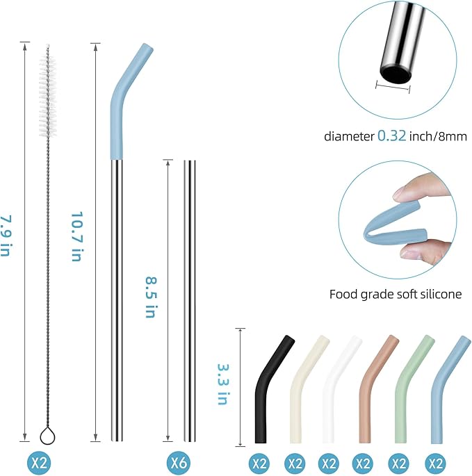 20 oz Stainless Metal Straws for 20 oz Stanley Tumbler, 6Pcs Reusable Straight Long Steel Straws with 12 Silicone Tips and 2 Straw Cleaning Brushes (6Color1, 20oz)