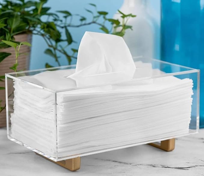 YoBa Thick Acrylic Tissue Box Holder Rectangular Clear Tissue Box Dispenser with Gold Plated Aluminum Legs for Bathroom, Kitchen, Bedroom, Office, Hotels and Restaurant