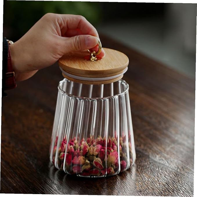 Transparent Sealed Glass Food Container with Wooden Lid Airtight Storage Jar for Kitchen Pantry Sealed Canister for Cereals Nuts Snacks and Tea