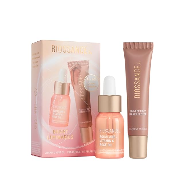 Biossance Bright Luminaries Set – Vitamin C Rose Oil & Lip Perfector Travel Duo for Brighter, Hydrated Skin and Lips | Limited-Edition Gift Set ($47 Value)