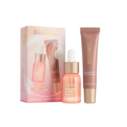 Biossance Bright Luminaries Set – Vitamin C Rose Oil & Lip Perfector Travel Duo for Brighter, Hydrated Skin and Lips | Limited-Edition Gift Set ($47 Value)