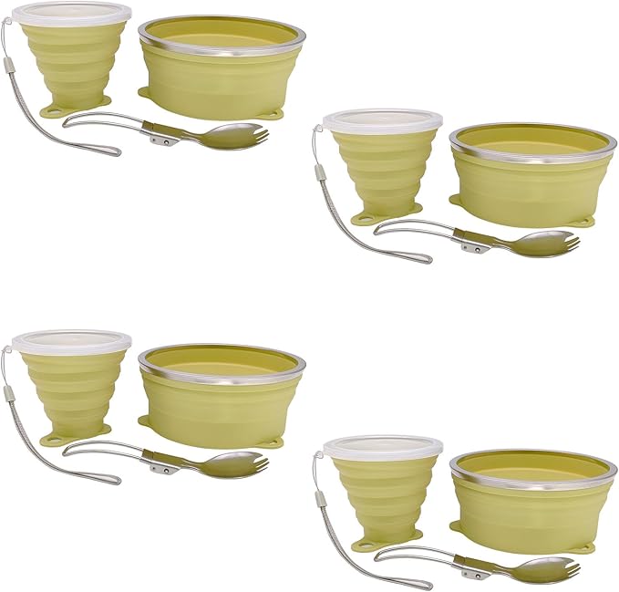Mess Kit for Camping Silicone Collapsible Bowl Collapsible Cup and Stainless Steel Spoon for Backpacking Outdoor Hiking Traveling and Picnic - 4 Pack