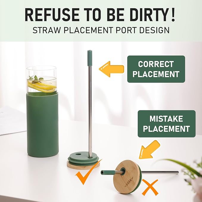 Glass Tumbler w/Lids & Straw:24oz Reusable Mug w/Bamboo Lid & Stainless Steel Straw-BPA-Free, Leak-Proof,Dishwasher Safe for Coffee,Smoothies, Hot Beverages, Travel, Office, Home Use,4-PK