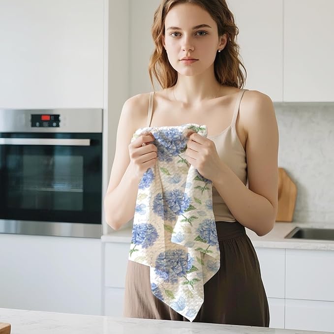Jztco 2Pcs Hydrangea Spring Kitchen Towels 24x14 Inch, Hydrangea Waffle Hand Towels for Kitchen Home Decor, Absorbent Microfiber Dish Cloth Tea Towel, Floral Housewarming Gifts for Women Mom