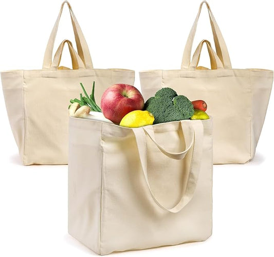 Tosnail 3 Pack Canvas Grocery Tote Bags with Bottle Sleeves, 14 x 9.75 x 15 Inches Large Reusable Shopping Bags with Long Shoulder Strap and Short Handles, Heavy Duty Cloth Bags