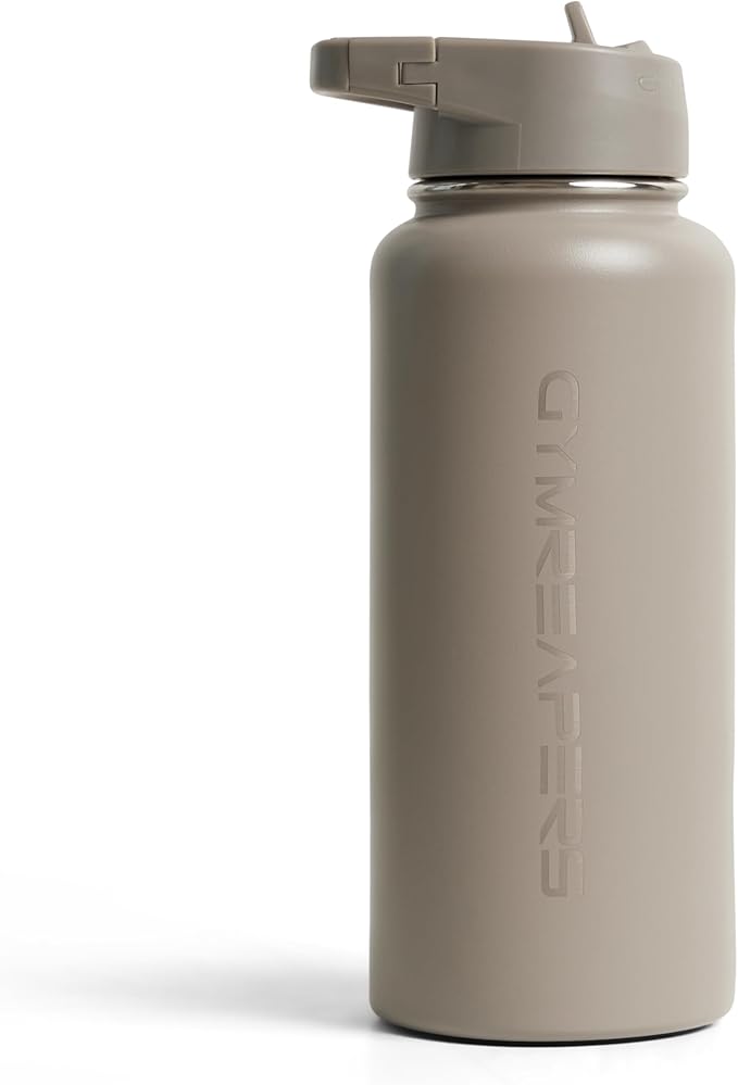 Gymreapers Insulated Water Bottle - Stainless Steel 32 Oz, 3 lids (Straw, Chug, Canteen), Double Walled Vacuum Insulation, Thermo Mug Cold Hot - Durable Powder Coated Finish