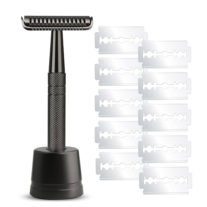 Double Edge Safety Razor with 10 Blades and Stand, Single Blade Razors for Men and Women, Long and Heavy Duty Stainless Steel Handle, Smooth Close Gentle Shave, Black