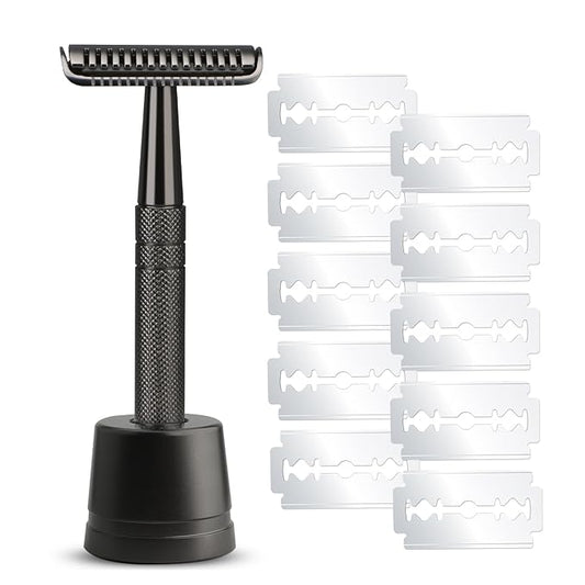 Double Edge Safety Razor with 10 Blades and Stand, Single Blade Razors for Men and Women, Long and Heavy Duty Stainless Steel Handle, Smooth Close Gentle Shave, Black