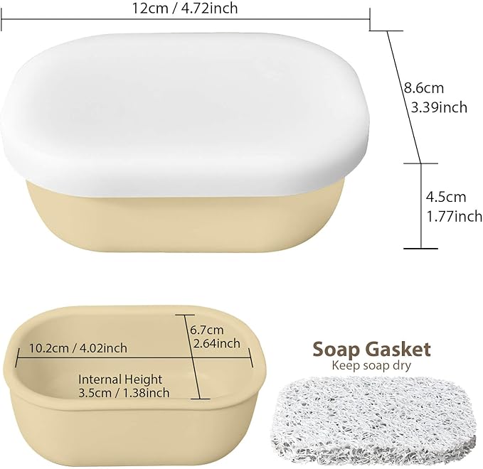 Leakproof Silicone Travel Soap Case with Drainage Layer, Silicone Bar Soap Holder Compact Portable Shatterproof Soap Container Box for Bathroom Gym Camp Travel Toiletries (Sand, Clear Lid)