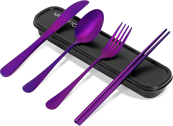 Travel Utensils with Case, Quatish 5 Piece Stainless Steel Silverware Set for Work, Portable Reusable Travel Cutlery Set, Fork and Spoon Set for Picnic, Camping, Gadgets, Lunch Box for Men, Purple