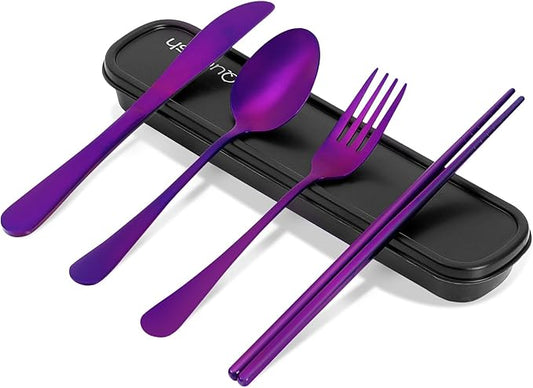 Travel Utensils with Case, Quatish 5 Piece Stainless Steel Silverware Set for Work, Portable Reusable Travel Cutlery Set, Fork and Spoon Set for Picnic, Camping, Gadgets, Lunch Box for Men, Purple