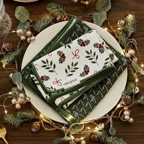 RECYCO Christmas Waffle Kitchen Towels Set of 2 - Quick Dry Microfiber Sustainable Dish Towels - Ultra Absorbent Reusable Cleaning Tea Towels - Lightweight Hand Towels,16”x 28” by RECYCOHOMECOLLECTION