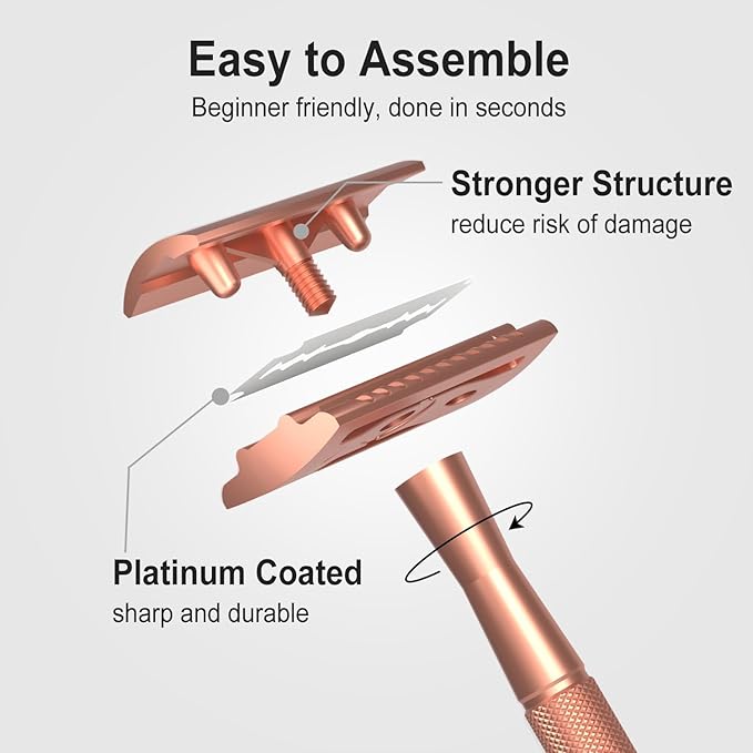 Safety Razor with Stand, Single Blade Razors for Women and Men, Reusable Metal Razor, with 10 Double Edge Blades, Smooth Close Shave, Plastic Free, Rose Gold