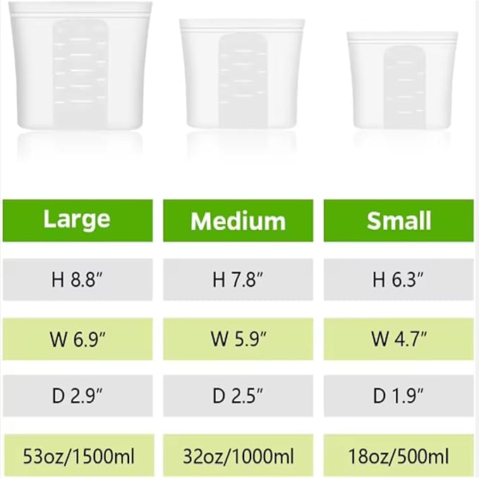 Reusable Silicone Food Storage Containers, Clear Rectangular Zip-Top Freezer Bags, Set of 3 Sizes (18oz/500ml, 32oz/1000ml, 53oz/1500ml), Leak-Proof, Heat-Resistant