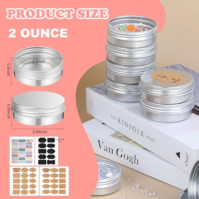 YQ 60 Pack 2oz Tins with Lids, Refillable Salve Tins, Thick 2 oz Tin with Labels, Screw Lid 2oz Tin, Aluminum Round Salve Containers, for Lotions, Balms, Salve, Candle(Silver)
