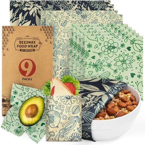 Akeeko Reusable Beeswax Food Wraps - Assorted 9 Packs, Reusable, Plastic-Free Food Storage, 5 Small, 2 Medium, 1 Large, 1 Extra Large Wraps with Flower and Birds Pattern by Akeeko
