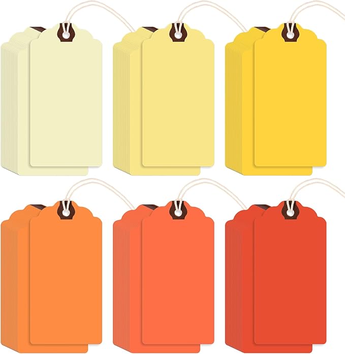 Outus 60 Pcs 4 3/4-in x 2 3/8-in Blank Large Paper Gift Tags with String and Reinforced Eyelet Wire Writable Price Tags Shipping Labels Inventory Labels(Orange)