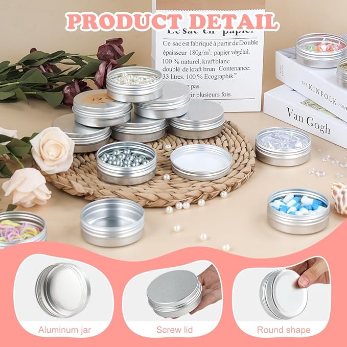 YQ 60 Pack 2oz Tins with Lids, Refillable Salve Tins, Thick 2 oz Tin with Labels, Screw Lid 2oz Tin, Aluminum Round Salve Containers, for Lotions, Balms, Salve, Candle(Silver)