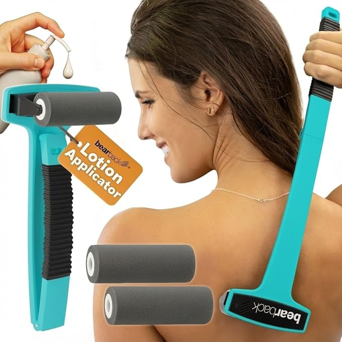 bearback Lotion Applicator for Back & Body – Long Reach Folding Handle with 2 Reusable Foam Rollers – Apply Lotion, Medication, Ointment, Sunscreen, Self Tanner – American Small Business (Teal)