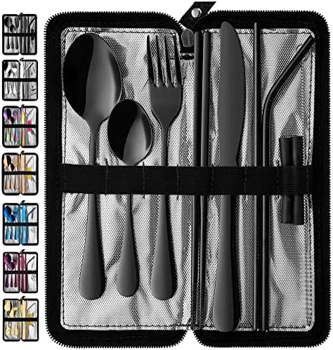 VANDBAO Portable Travel Utensils, Reusable Silverware with Case for Fixing Tableware, 9 Pieces Stainless Steel Stable Flatware Set, Camping Picnic Cutlery Set (Black Set) by VANDBAO