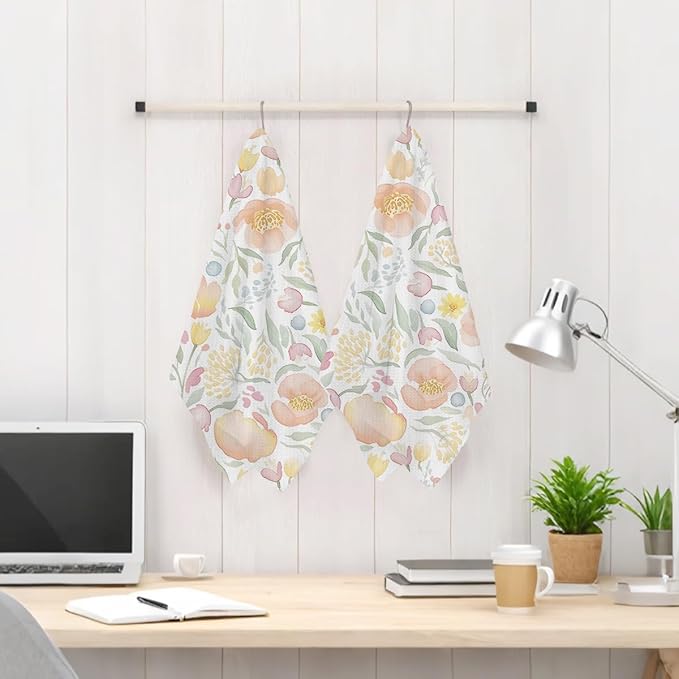 2Pcs Watercolor Floral Kitchen Towels 24x14 Inch, Spring Summer Flower Waffle Hand Towels for Kitchen Home Farmhouse Decor, Absorbent Microfiber Dish Cloth Tea Towel, Housewarming Gifts for Women