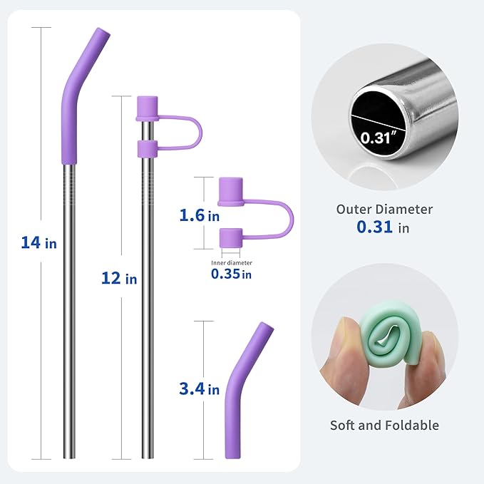 Stainless Steel Straws for 40oz Tumblers, Metal Straws Reusable with Silicone Tips for Stanley 40oz Cup,Simple Modern 40 oz Tumbler, Brush