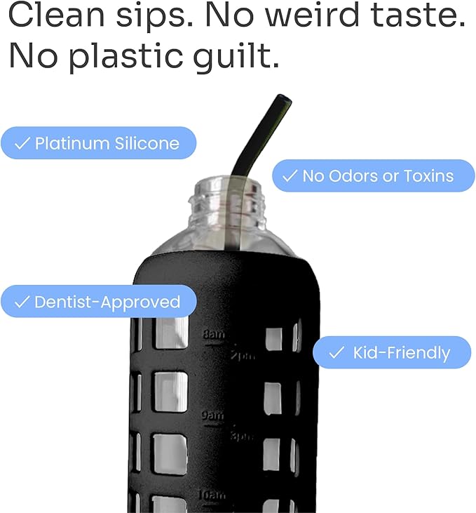 purifyou 14in Platinum Silicone Straws, Extra Long & Wide for 40oz Tumblers from Stanley, Reduce, Yeti & More, Reusable Smoothie Straws with Travel Case & 2 Cleaning Brushes (Set of 8, Black)
