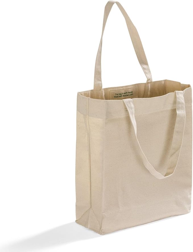 Recycled Cotton Canvas Tote Bags with Gusset – 12 Pcs Bulk Reusable Canvas Bags with Handles for Shopping, Work Bag