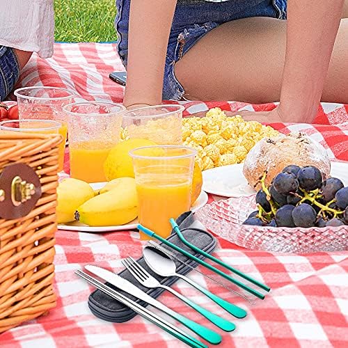 Travel Utensils Set with Case Reusable Portable Cutlery Set Stainless Steel 8pcs Including Dinner Knife Fork Spoon Chopsticks straws(Gradient Green) - Image 4