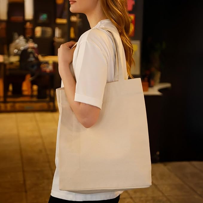 Recycled Cotton Canvas Tote Bags with Gusset – 12 Pcs Bulk Reusable Canvas Bags with Handles for Shopping, Work Bag