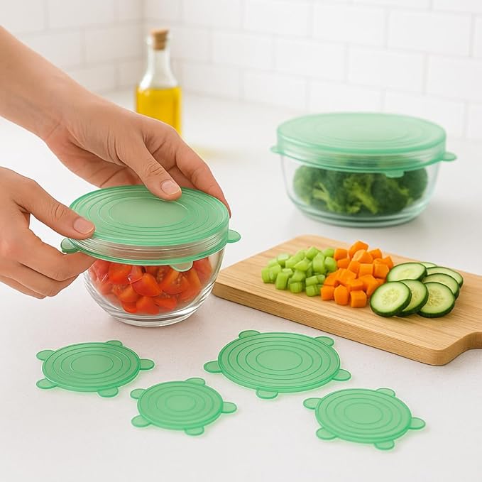 6 Pack Silicone Stretch Lids Reusable | Green Food Grade Bowl Covers for Kitchen | Airtight Seal for Food Storage | BPA Free Eco Friendly Stretchable Lid Set for Containers, Cups, Cans, Fruits