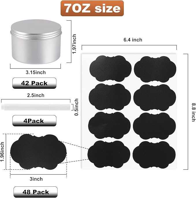 42 Pack Round Cans with Screw Lid 7 Oz Aluminum Metal Tins DIY Food Candle Containers for Lotion Bars, Balms, Salve, Spices, Beard Balm, Crafts with 4 Markers 6 Sheets Label Stickers