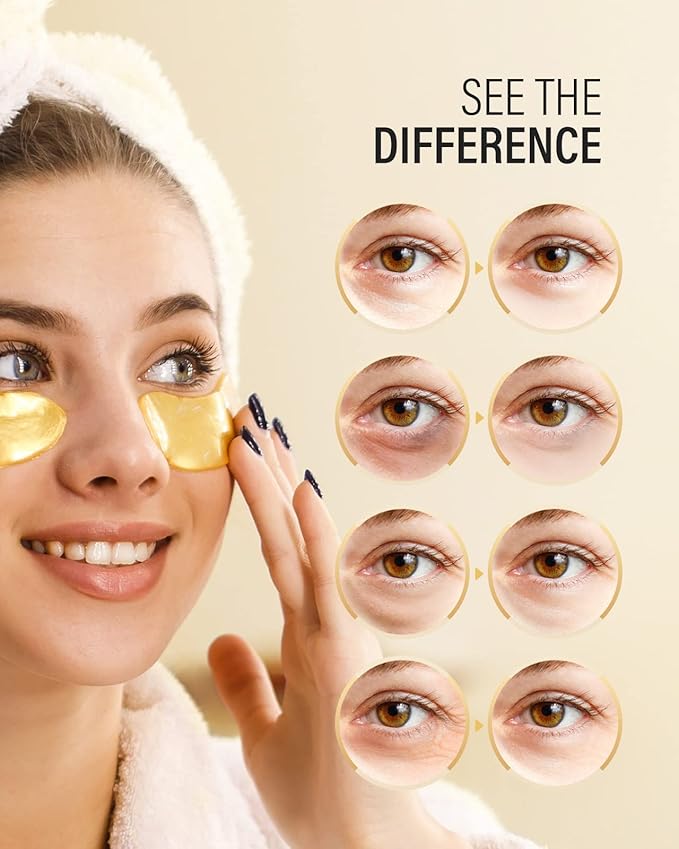 24k Gold Under Eye Patches (30 Pairs), Eye Mask, Collagen Skin Care Products, Eye Patches for Puffy Eyes, Eye Masks for Dark Circles and Puffiness.