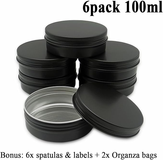 6pack 100ml Aluminum Tin Jars, 100 Gram Empty Travel Cosmetic Sample Container with Screw Cap Lid, 100g Black Metal Tins Can for DIY Crafts, Lip Balms, Face Cream, Candle, Tea, Paint, Slime