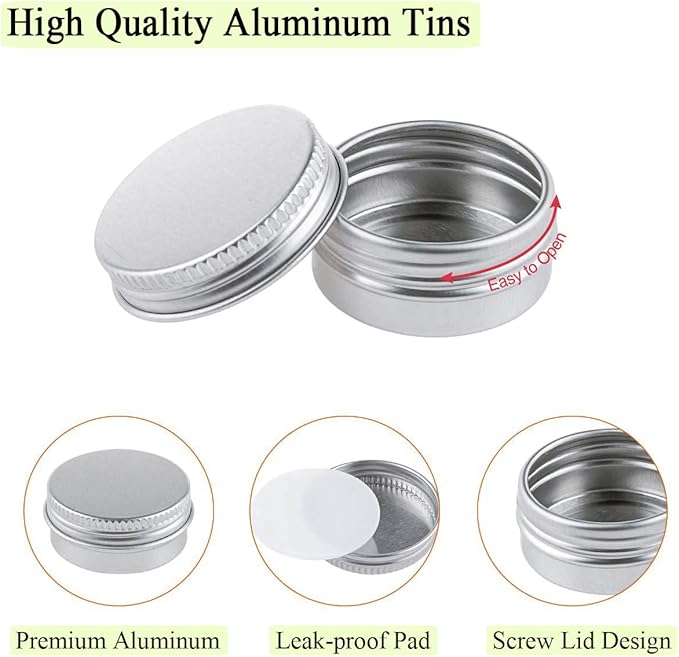 20pack 60ml Aluminum Tin Jars, 100ml Empty Travel Cosmetic Sample Container, 2oz Metal Tins 5 gram Cans 30ml Storage Travel Jars for DIY Lip Balms, Face Cream, Candle, Tea, Paint (mixed size)