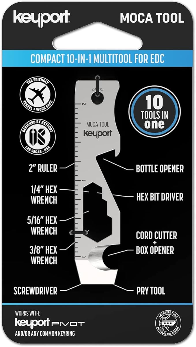 Keyport MOCA 10-in-1 Keychain Multitool (Stainless) | EDC Multi Tool: Pry Bar, Bottle Opener, Screwdriver, Box Opener, Cord Cutter & More | TSA Key Tool | EDC Gear | For Key Organizer & Key Chain