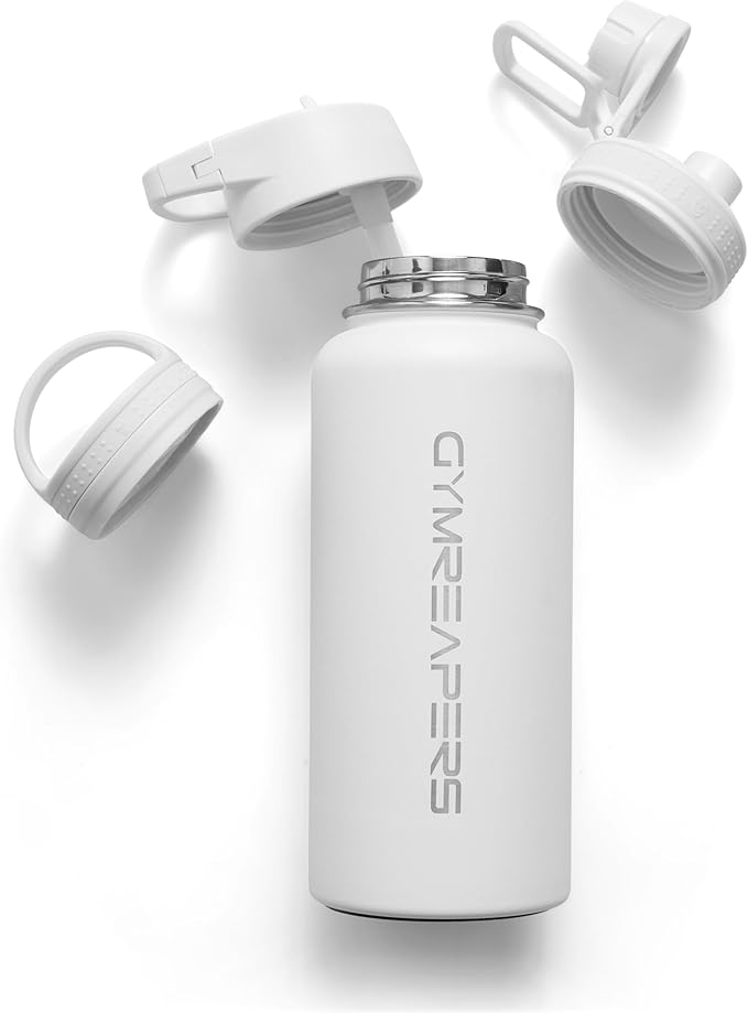 Gymreapers Insulated Water Bottle - Stainless Steel 32 Oz, 3 lids (Straw, Chug, Canteen), Double Walled Vacuum Insulation, Thermo Mug Cold Hot - Durable Powder Coated Finish