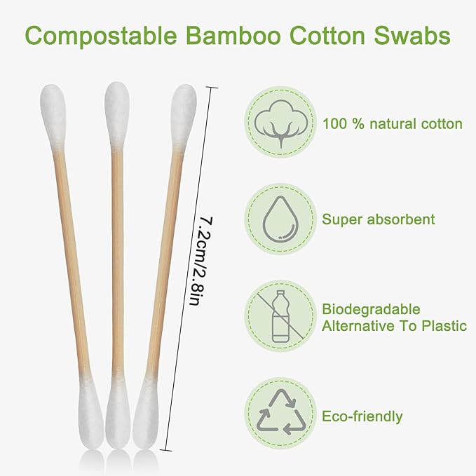 800 Count Bamboo Cotton Swabs - Natural Organic Cotton Buds with Double Tips, Hypoallergenic, Biodegradable Swabs for Ear Cleaning, Beauty & Personal Care, Makeup, Pet Care, Crafts