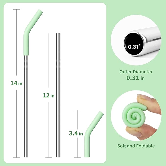 Metal Straw for Stanley Quencher Cup, Simple Modern, Meoky 40 oz Tumbler, 5 PCS Straight Reusable Stainless Steel Straws with Silicone Tips, Cleaning Brushes