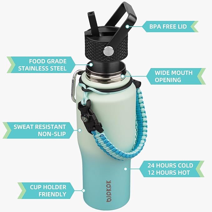 BJPKPK Insulated Water Bottles with Straw Lid, 23oz Metal Water Bottle with 2 lids & Paracord Strap, Double Wall Stainless Steel Vacuum Tumblers, Cups, Mugs, Thermo for Hot& Cold Drinks, Mint