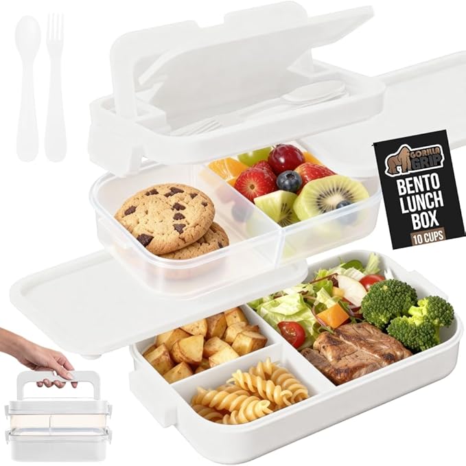 GORILLA GRIP BPA-Free Leakproof 5-Compartment Bento Lunch Box for Adults, Kids, Holds 10 Cups, Microwave Safe Hot and Cold Food Containers, Easy to Carry Lid Includes Built-In Utensils Set, White
