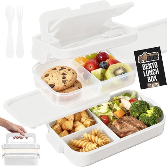 GORILLA GRIP BPA-Free Leakproof 5-Compartment Bento Lunch Box for Adults, Kids, Holds 10 Cups, Microwave Safe Hot and Cold Food Containers, Easy to Carry Lid Includes Built-In Utensils Set, White