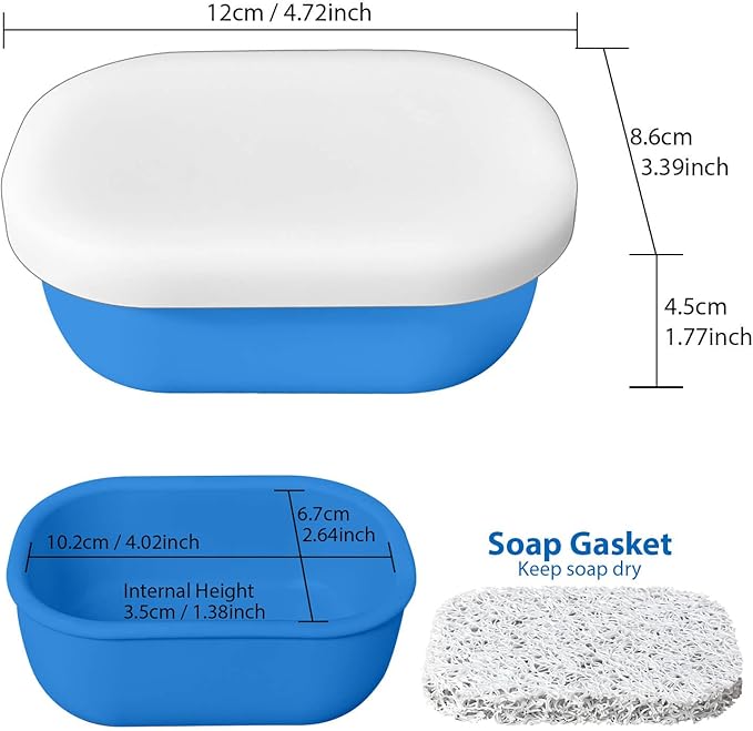 Leakproof Silicone Travel Soap Case with Drainage Layer, Silicone Bar Soap Holder Compact Portable Shatterproof Soap Container Box for Bathroom Gym Camp Travel Toiletries (KleinBlue, Clear Lid)
