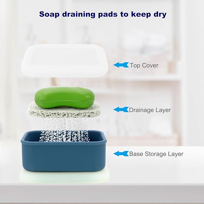 Travel Soap Case, Leak Proof Travel Soap Container, Silicone Soap Box with Drainage Layer, Shatterproof Soap Holder for Travel, Camping, Gym (Blue, Regular)