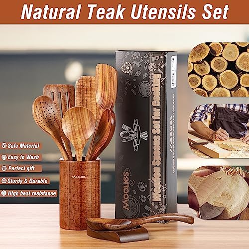 Mooues Wooden Kitchen Utensil Set, 9 Piece Natural Teak with Spoon Rest - Image 2
