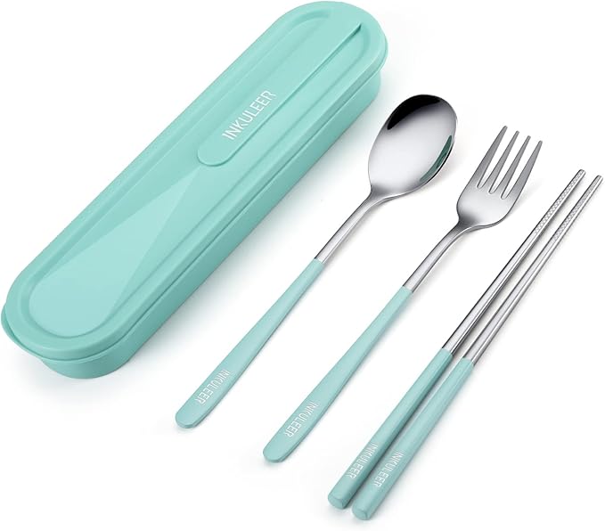 Travel cutlery set, 18/8 stainless steel cutlery, Reusable utensils set with case, Portable Silverware Lunch Box for Camping and Office (blue)